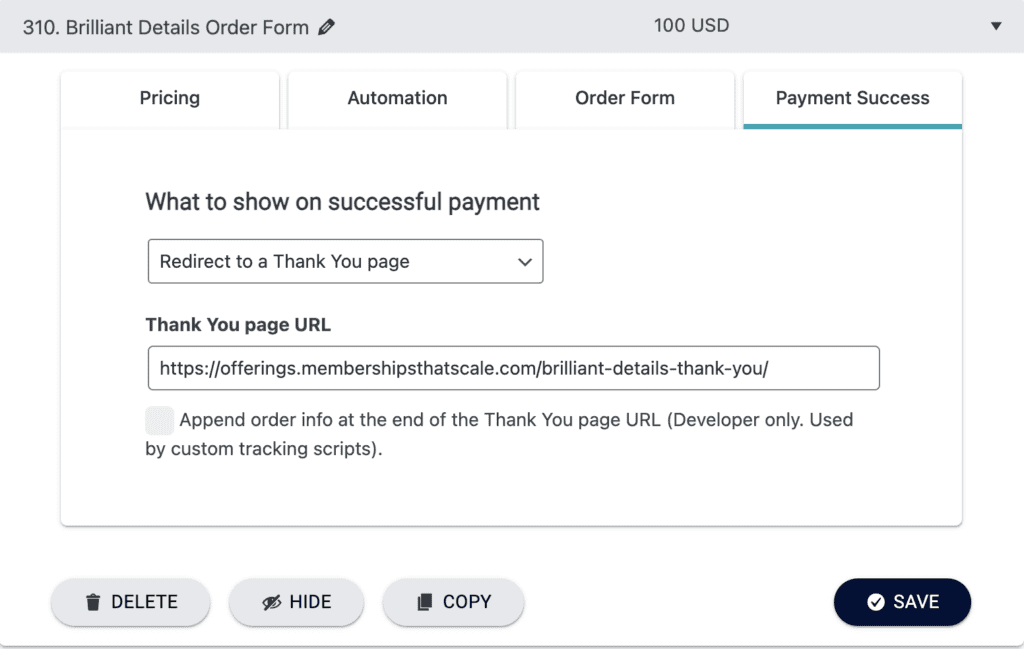 Thank you page after purchase