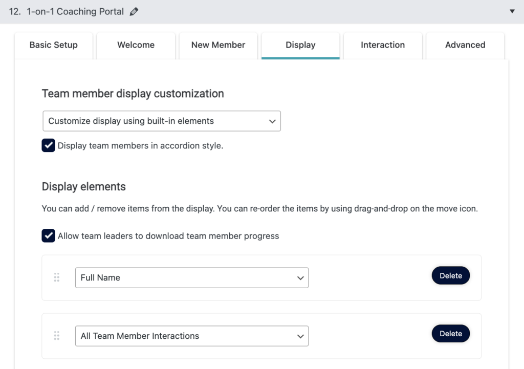 Team Display Tab options in AccessAlly