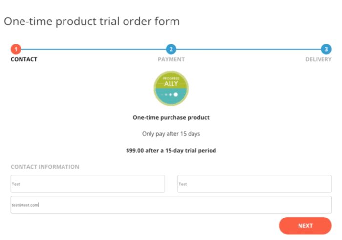 screenshot showing trial order form on AccessAlly