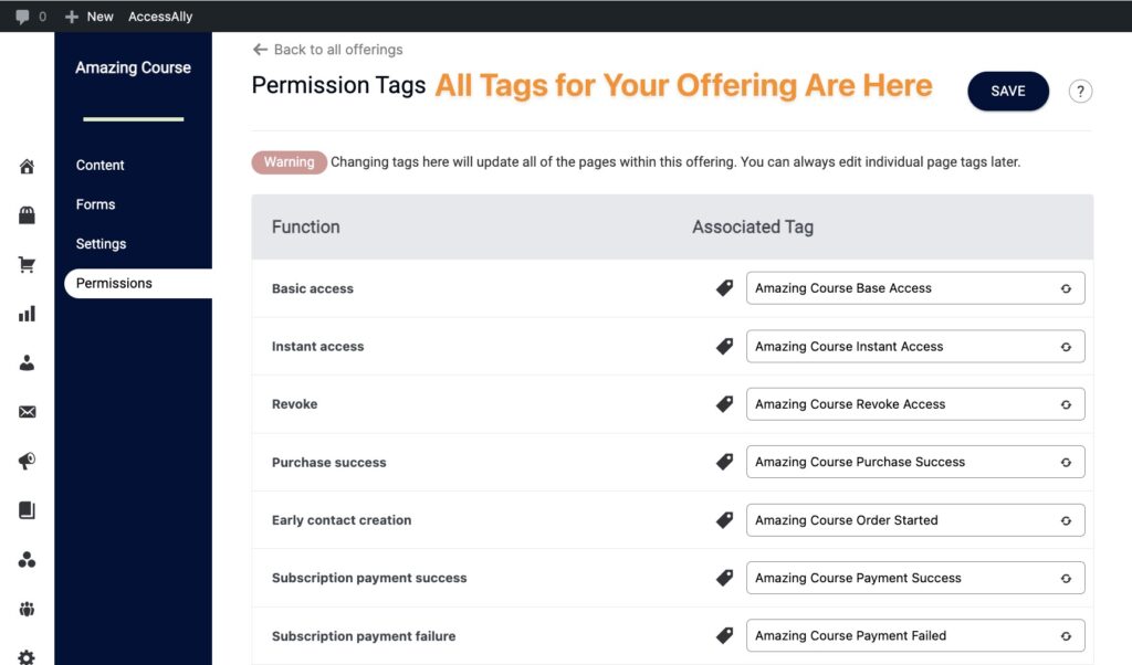 Tags in the Permissions tab in an AccessAlly Offering