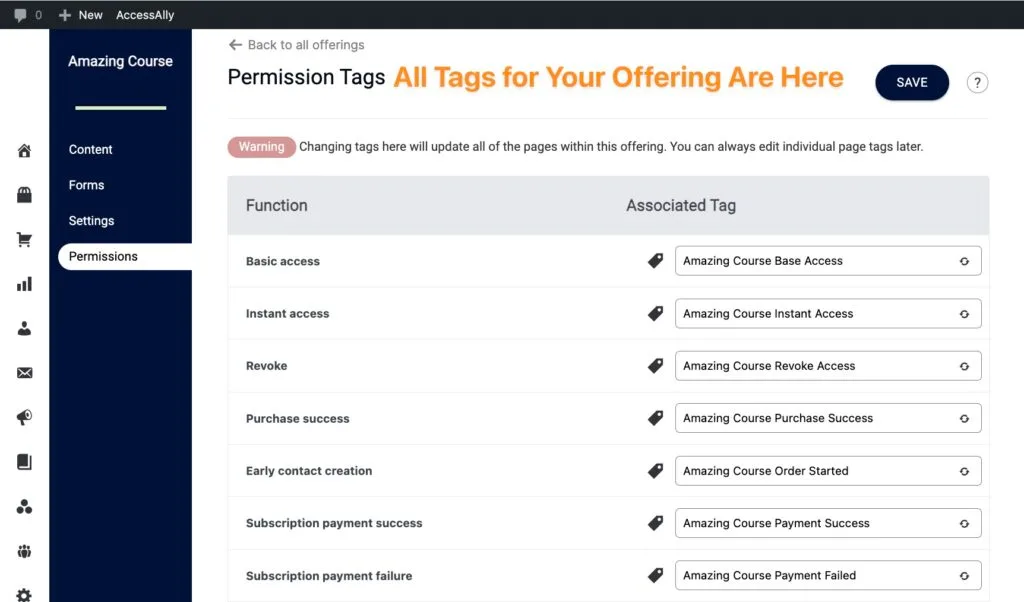 Tags in the Permissions tab in an AccessAlly Offering