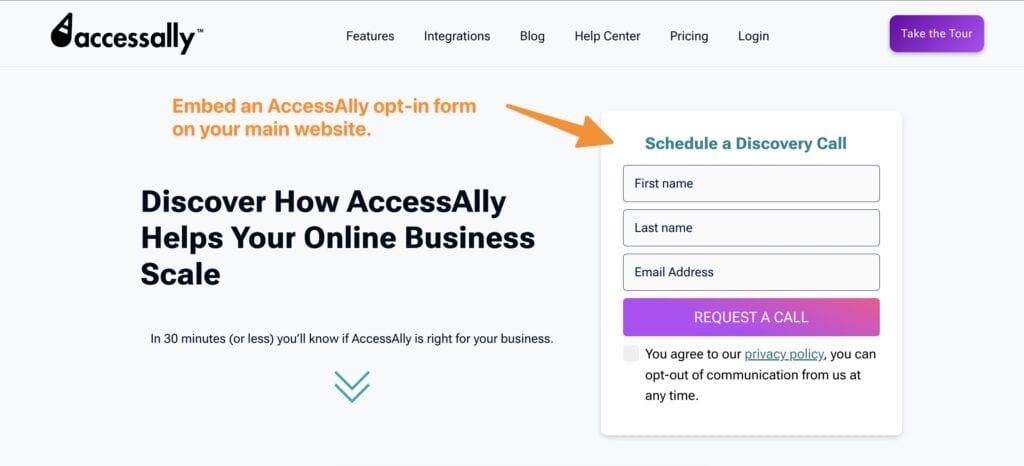 This is a decorative image showing an example of an AccessAlly opt-in form embedded on a main site landing page.