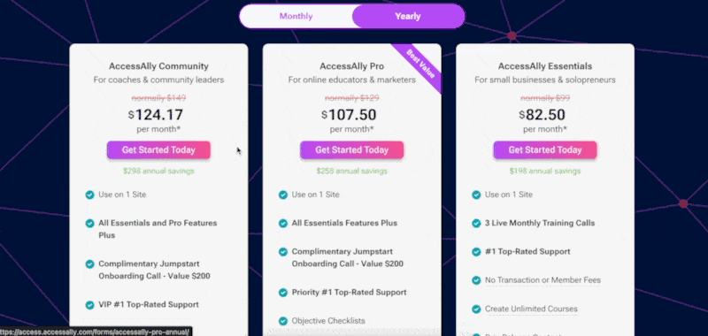 This is a gif showing an example of linking the main site pricing page buttons to AccessAlly order forms.