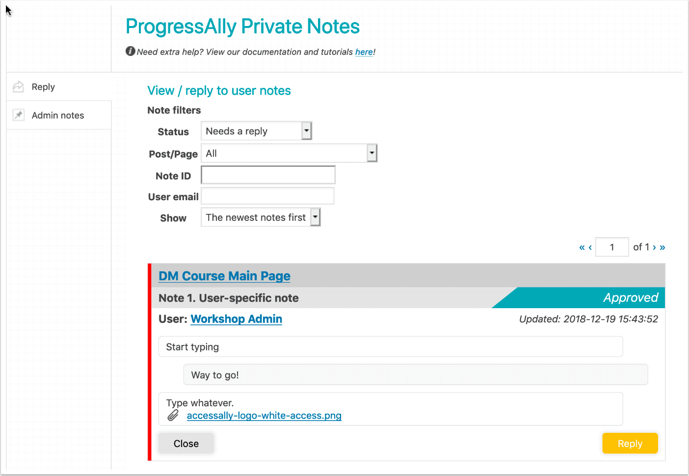 Screenshot from AccessAlly showing details of adding a private note to your personalized coaching dashboard