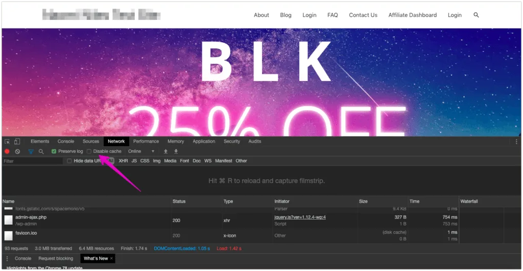 Screenshot of Developer Tools in chrome with cache enabled.