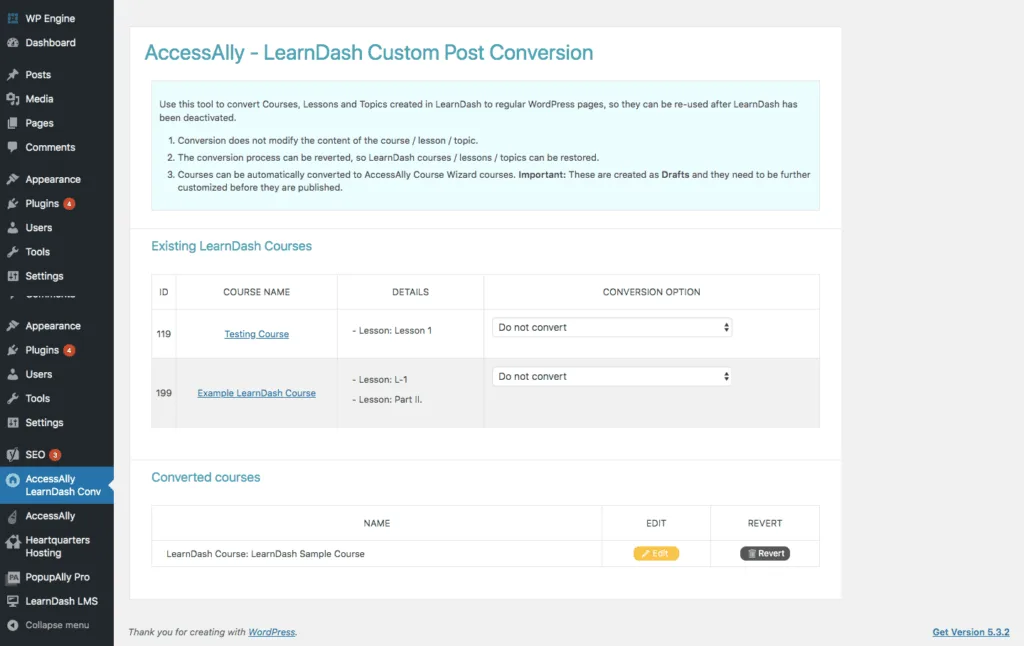 Screenshot of the LearnDash Conversion Tool