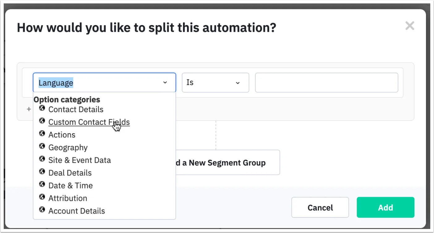 Screenshot of ActiveCampaign custom field selection