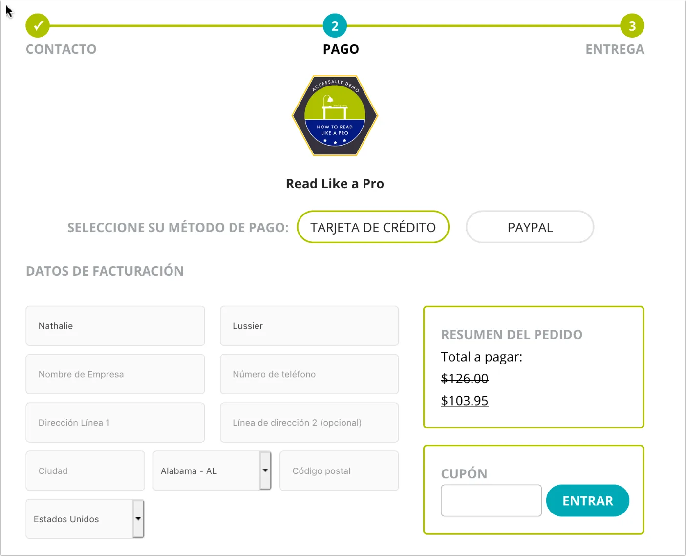 Screenshot of Spanish order form