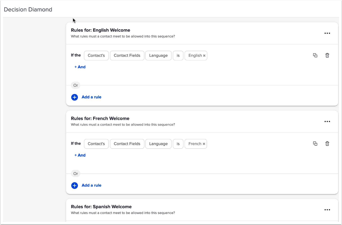 Screenshot of Infusionsoft/Keap decision diamond settings