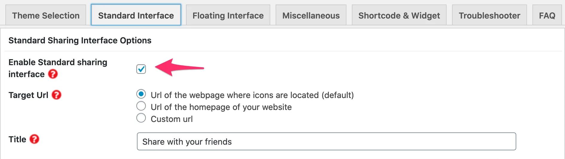 Screenshot of settings for enabling standard view