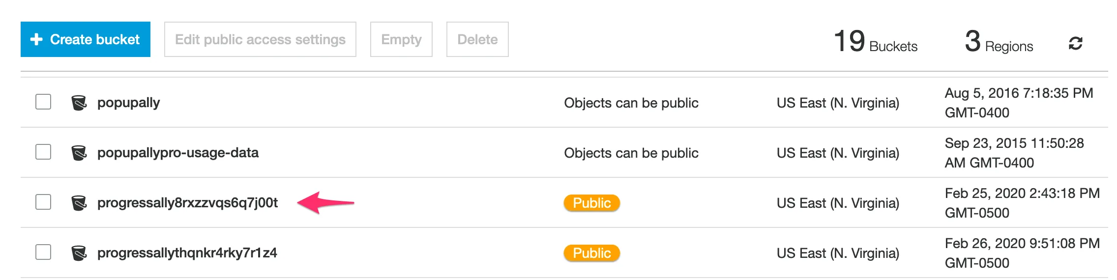 Screenshot of Amazon S3 buckets