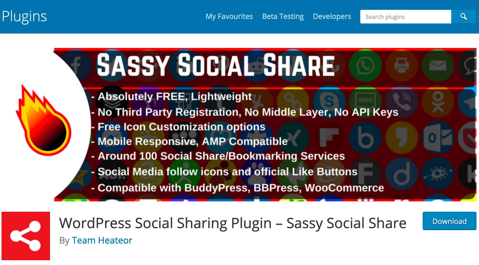 Screenshot of Sassy Social Share plugin page