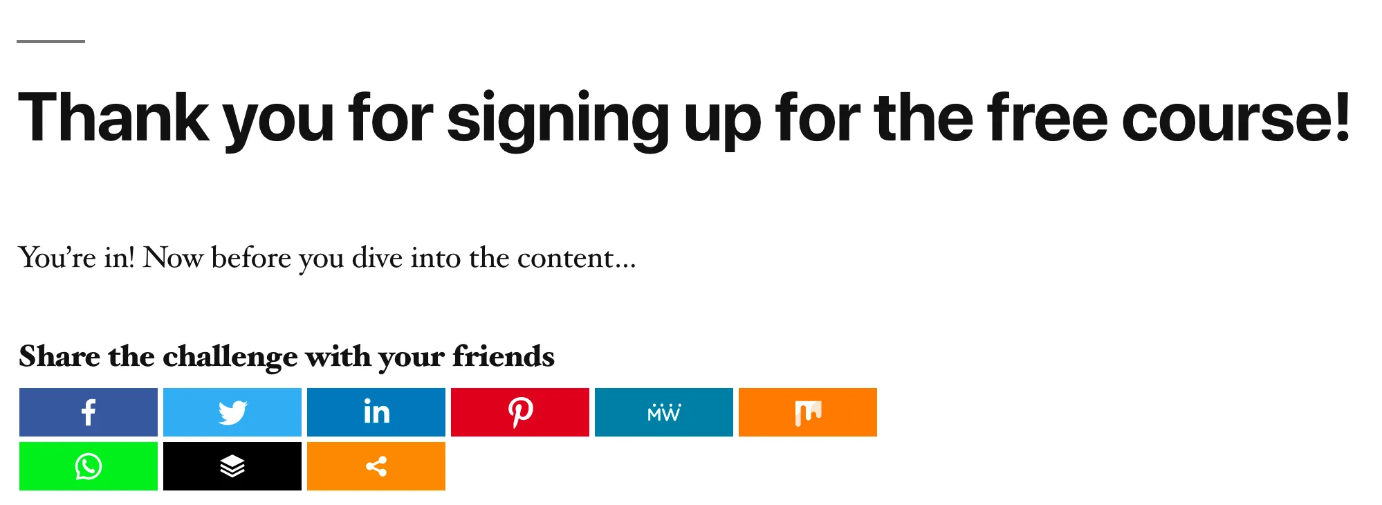 Screenshot of thank you page with social share icons