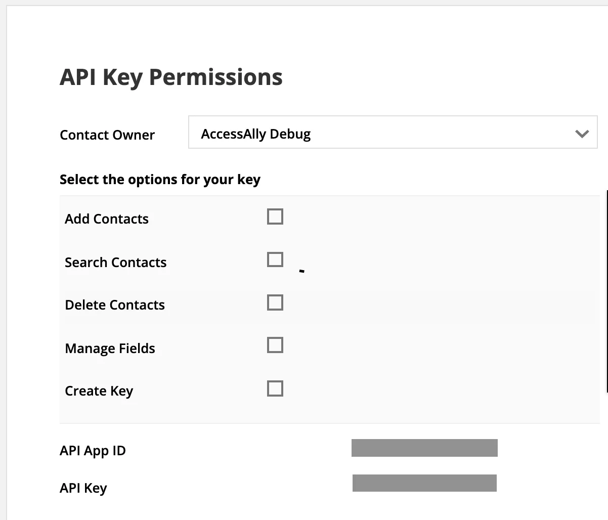 Screenshot showing permissions for Ontraport API Keys