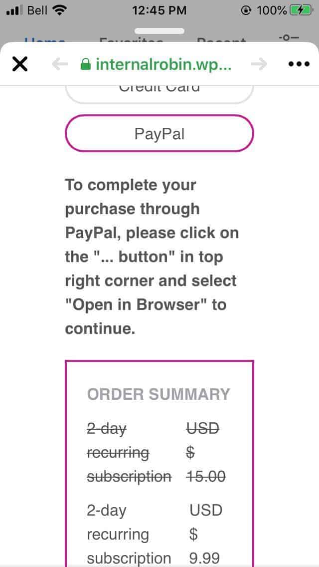 PayPal notification for Facebook browser