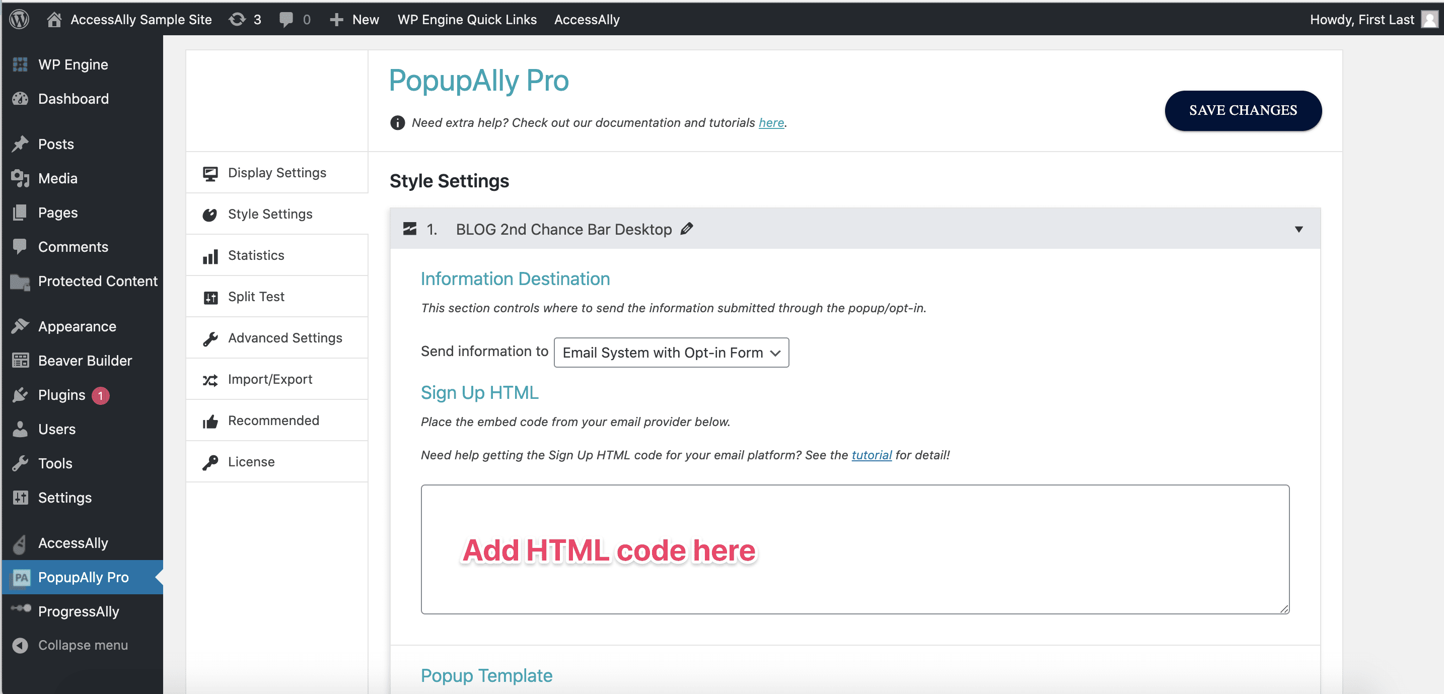 Where to add the HTML code in PopupAlly