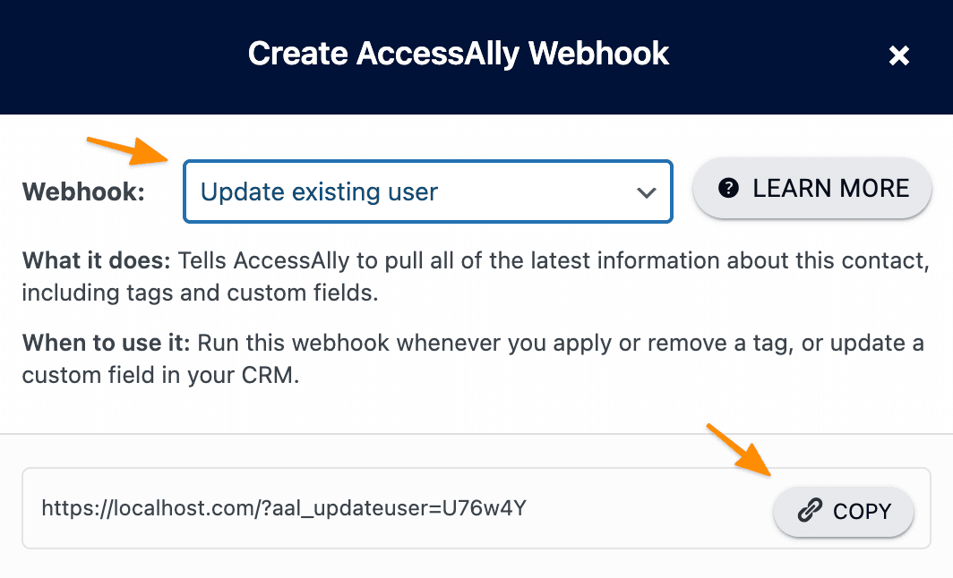 Screenshot of webhook generator to update user