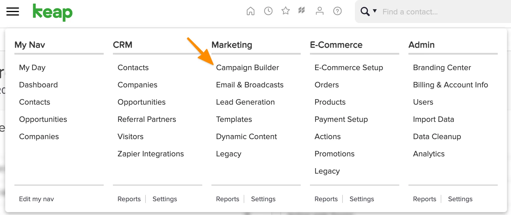 Screenshot of Keap Campaign builder location