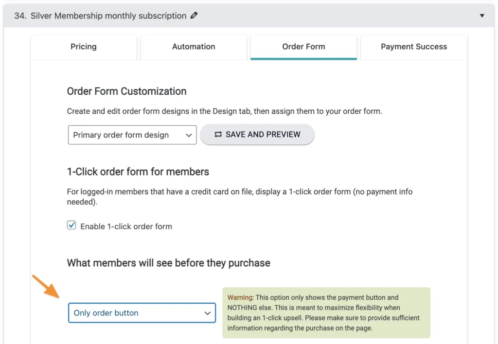 Screenshot of 1 click upsell button option
