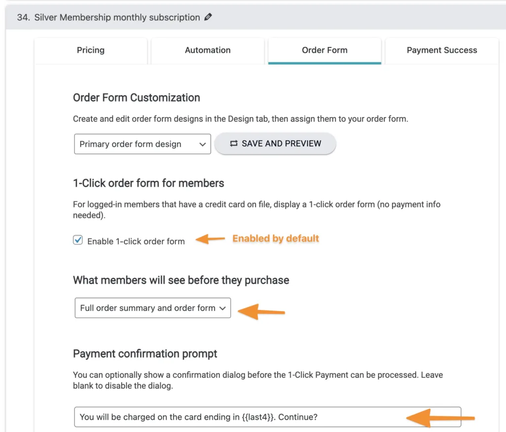 Screenshot of 1 click upsell settings