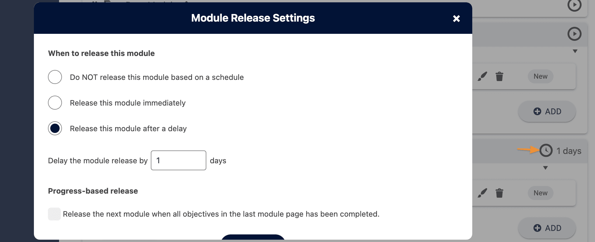 Screenshot showing where to modify the timing for a free online course using AccessAlly's offerings wizard