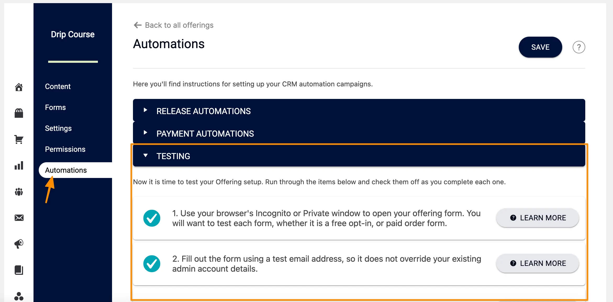 Screenshot from AccessAlly showing where to find the testing section under Automations