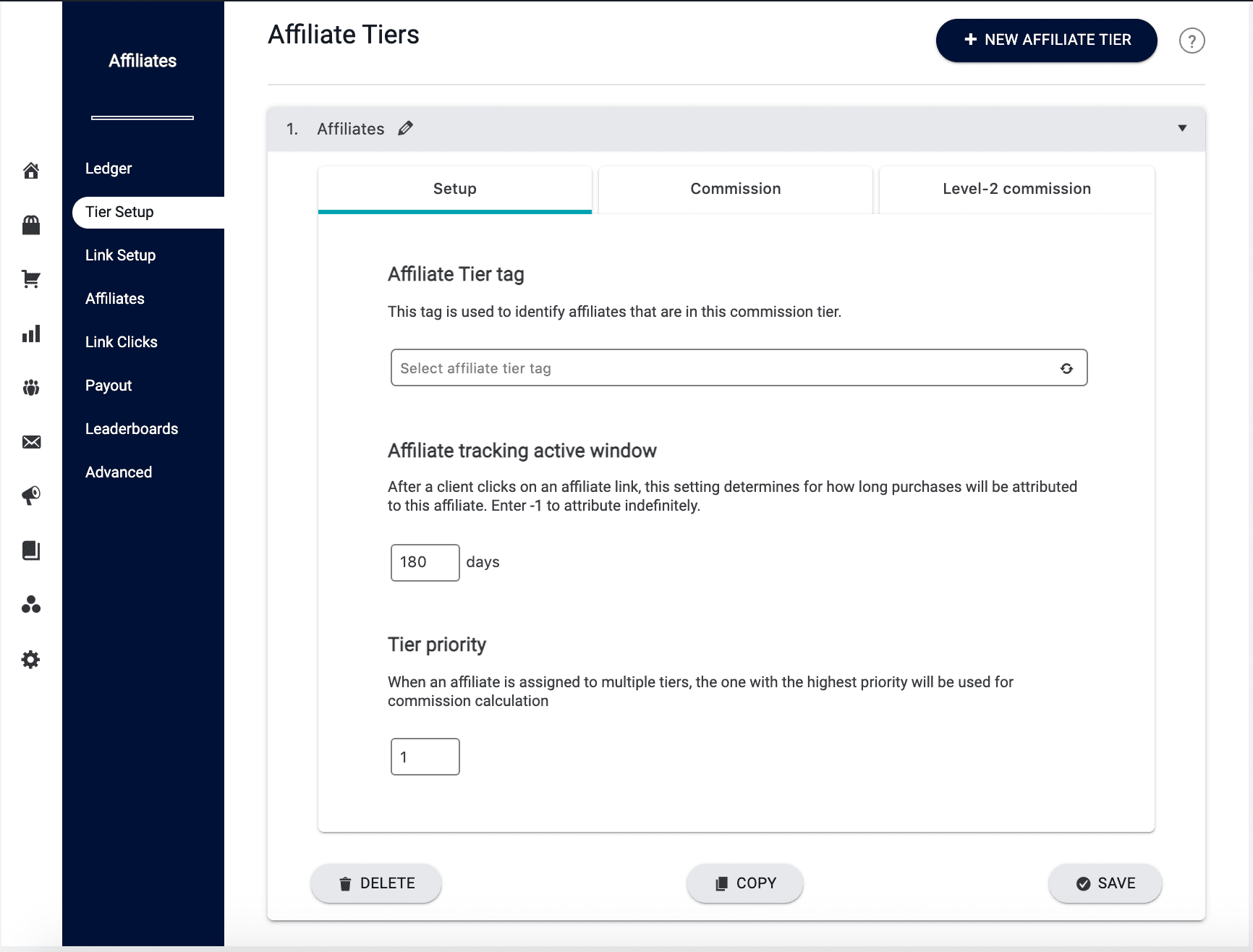Screenshot of AccessAlly affiliate tier setup