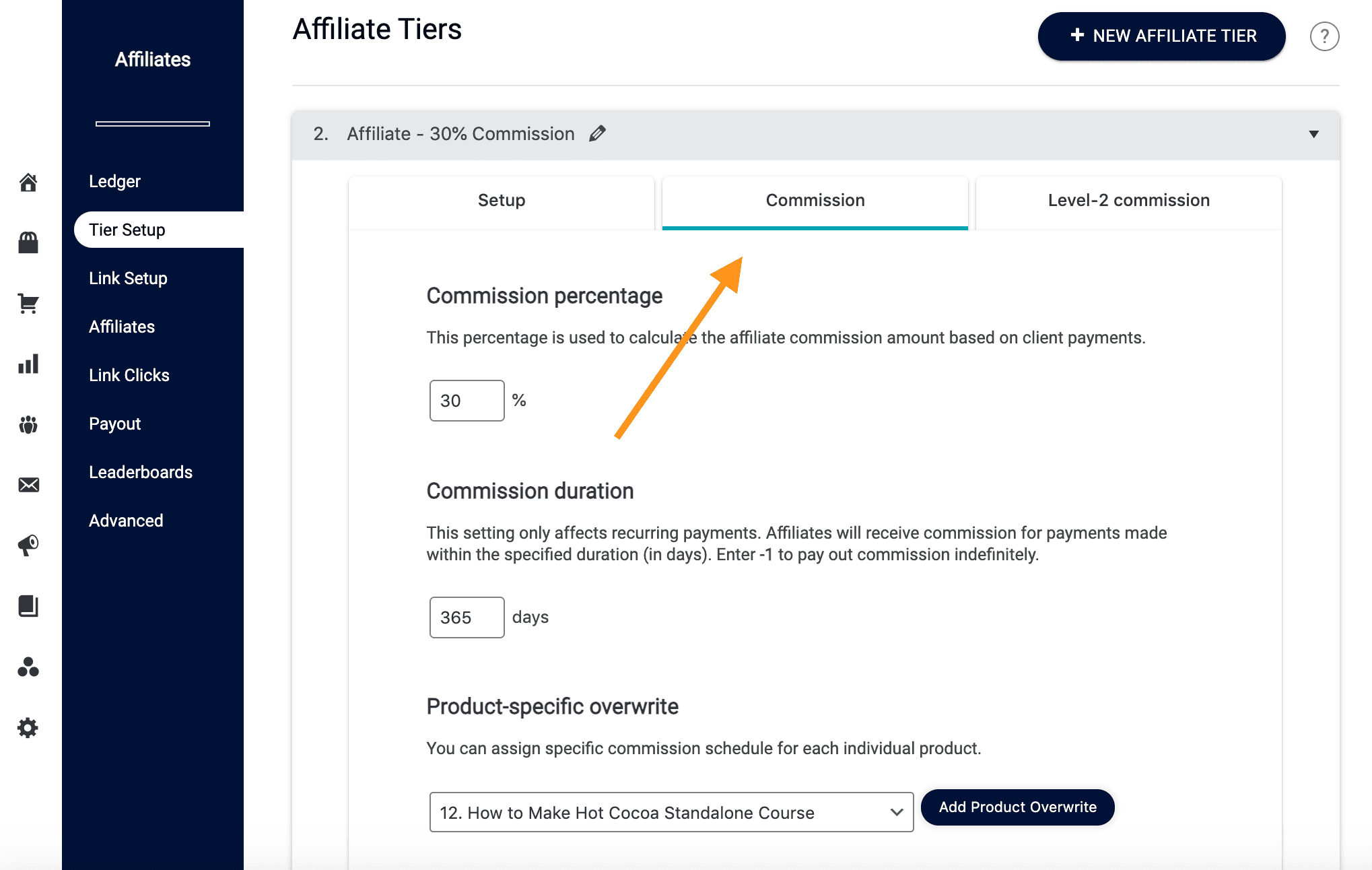 AccessAlly affiliate tier commission settings in AccessAlly