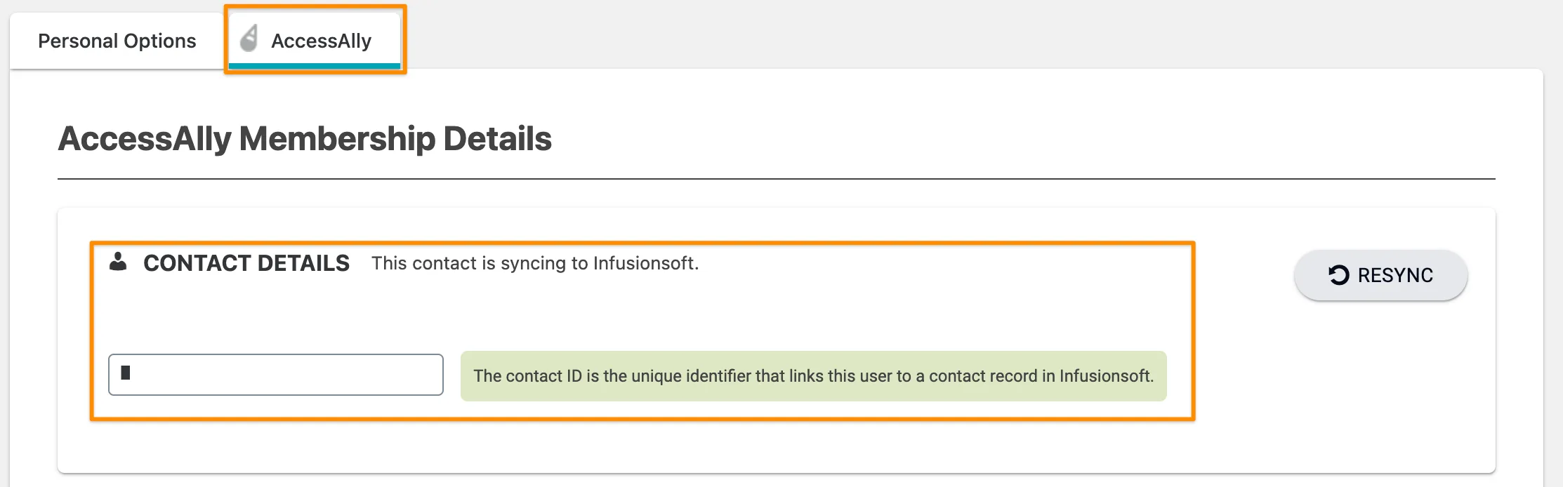 Screenshot from AccessAlly showing the contact ID section of a user