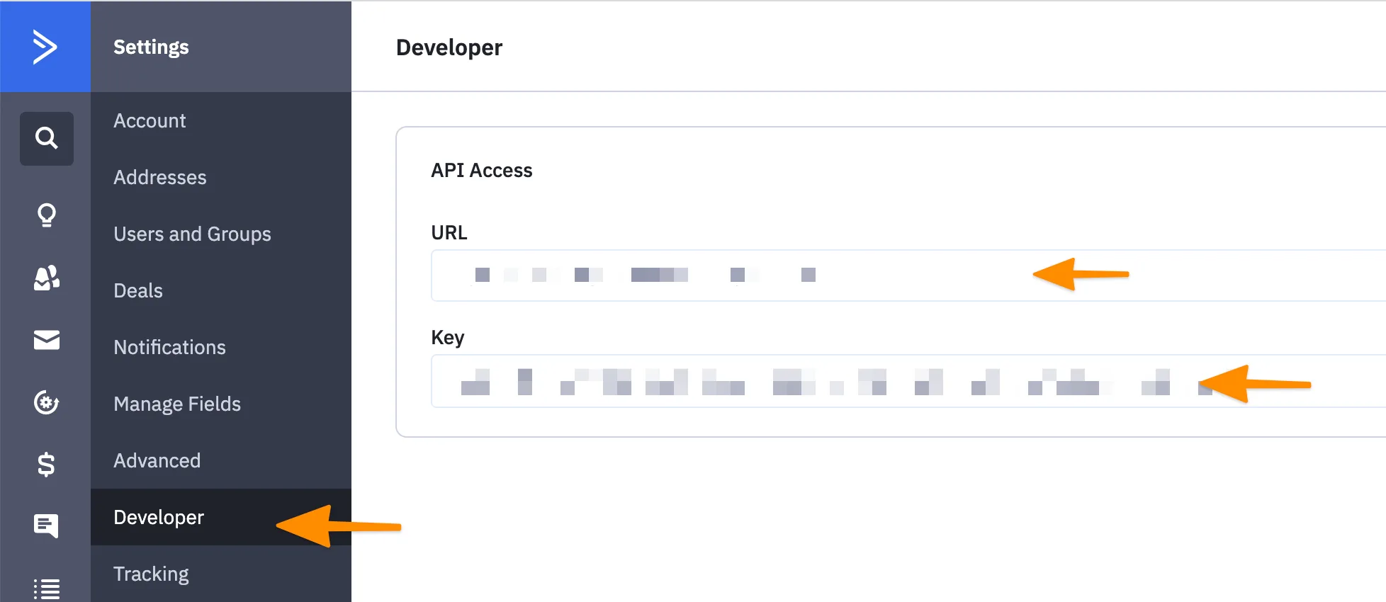 Screenshot of ActiveCampaign API settings page