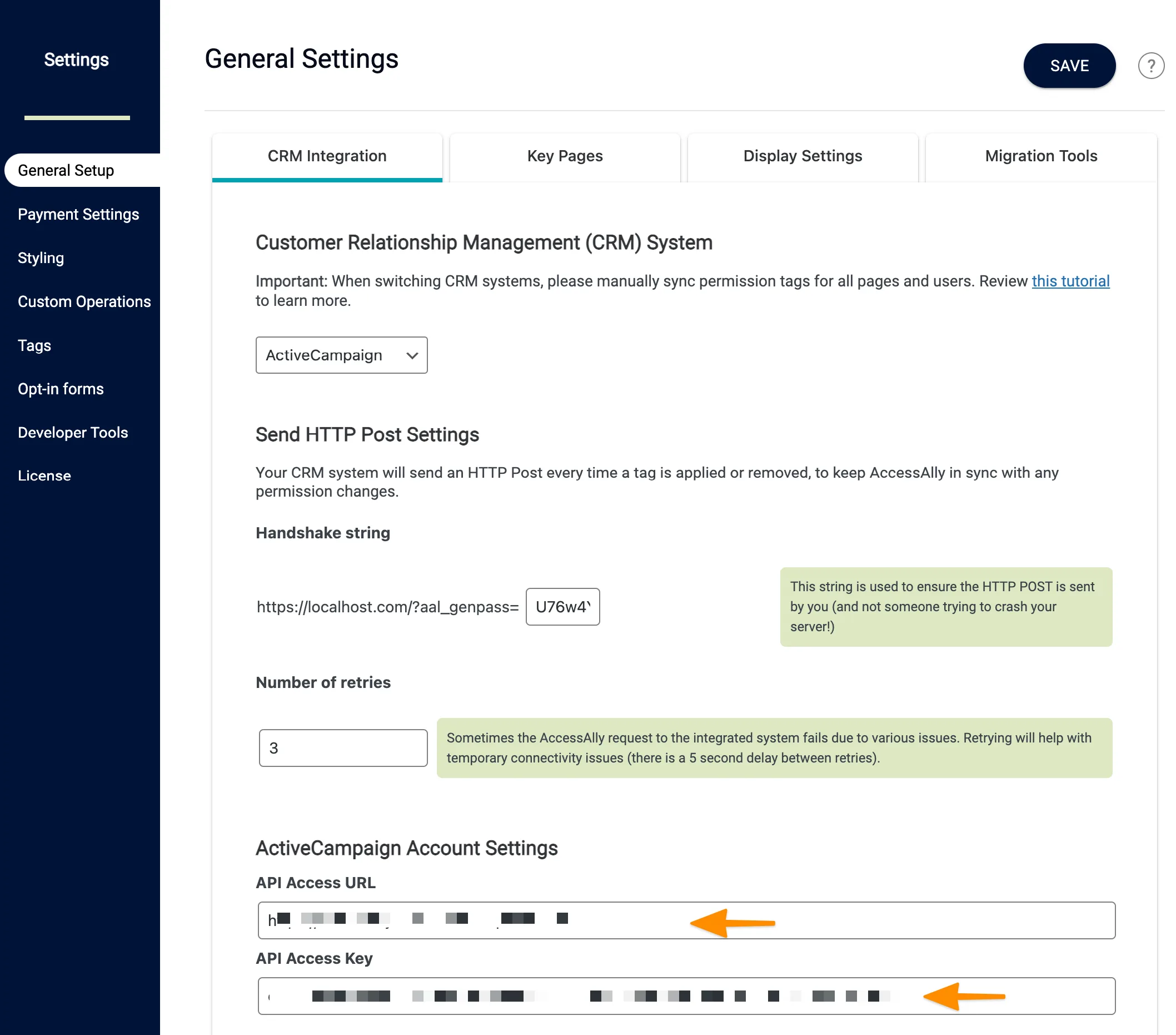 Screenshot of ActiveCampaign API area in AccessAlly