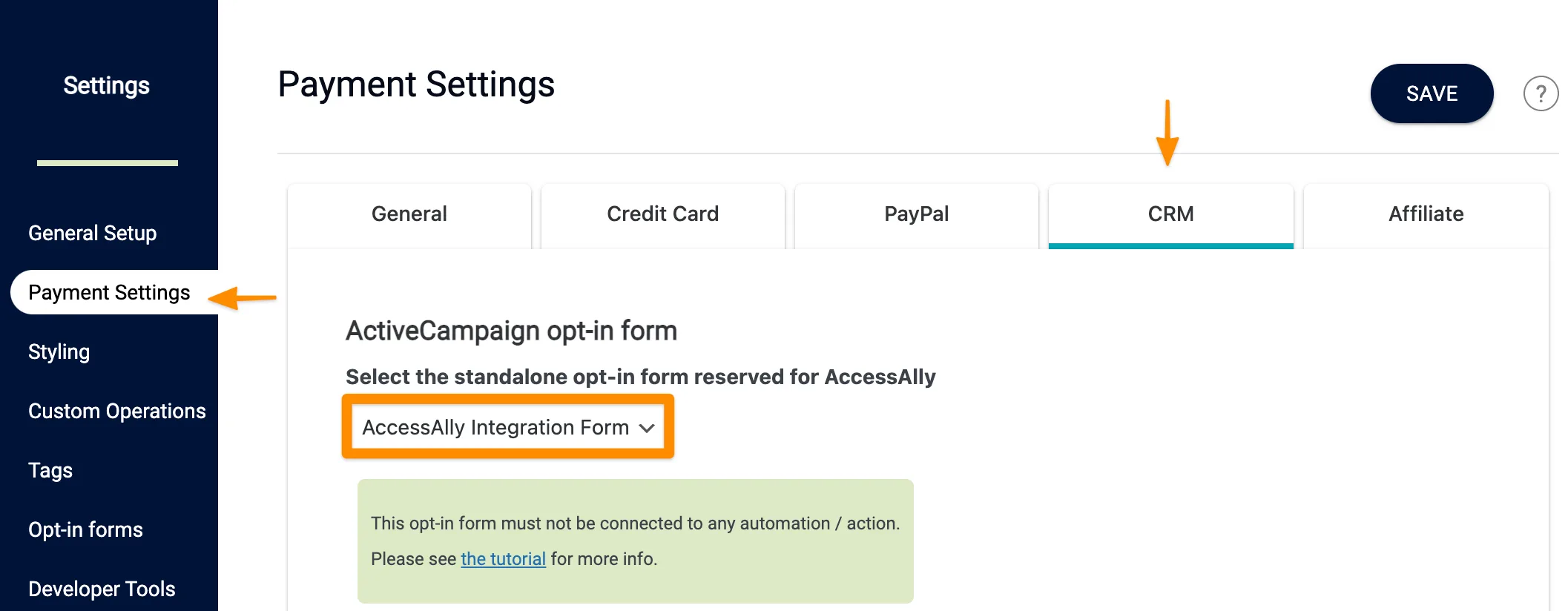 Screenshot of ActiveCampaign CRM Form settings