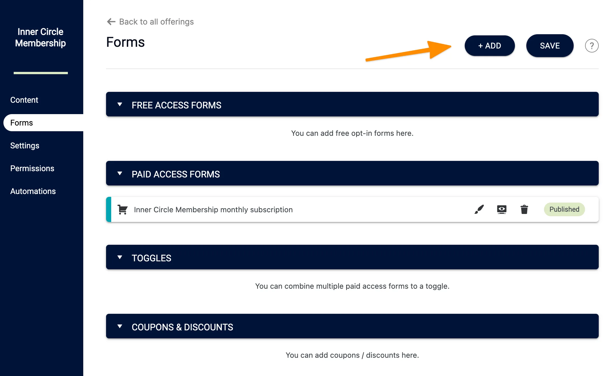 Screenshot of add button for offerings