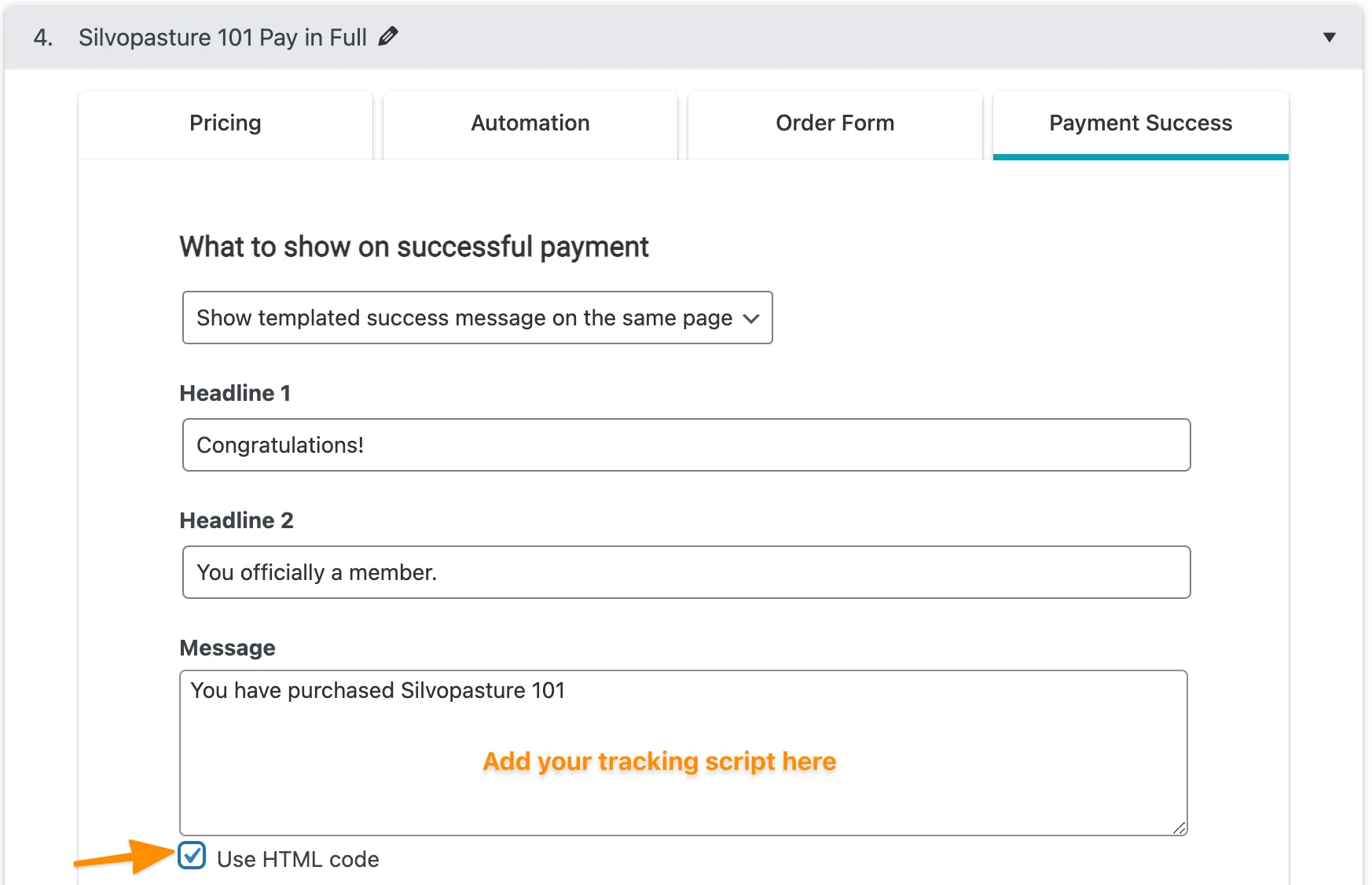 Screenshot of tracking script on thank you page