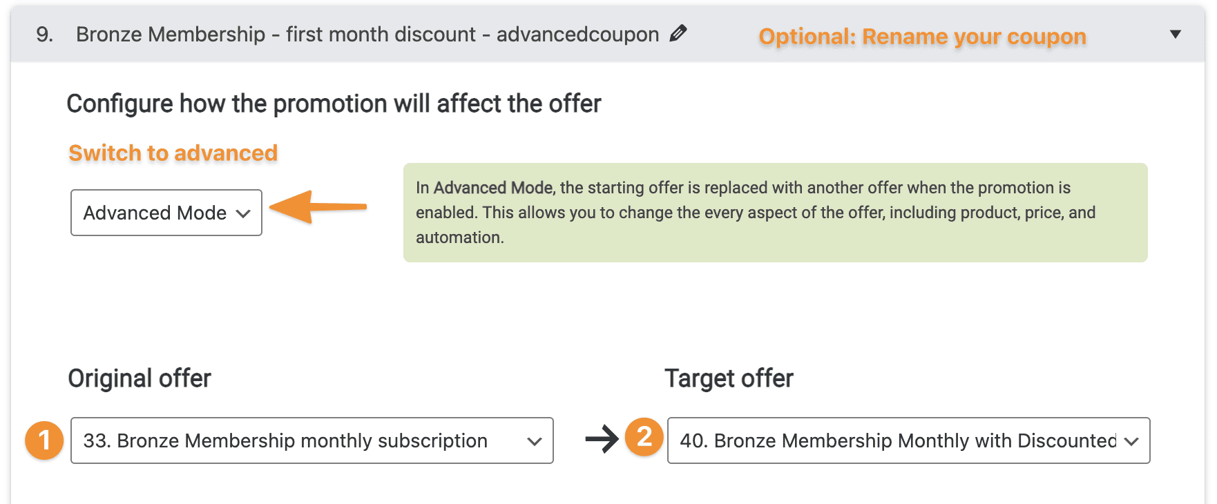 Screenshot of advanced coupon settings