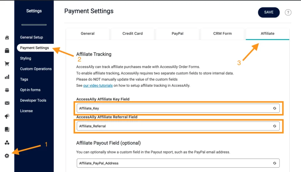 Screenshot of the AccessAlly affiliate custom fields