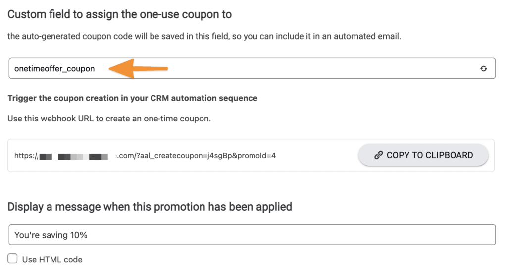 Screenshot of custom field for coupon