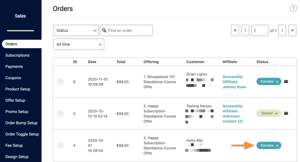 Screenshot of order detail button