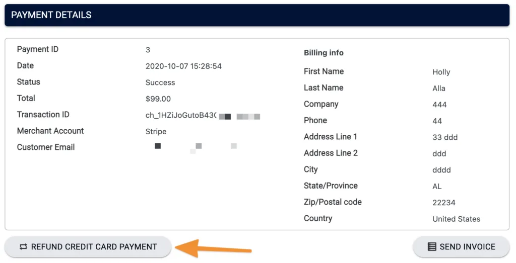 Screenshot of refund button