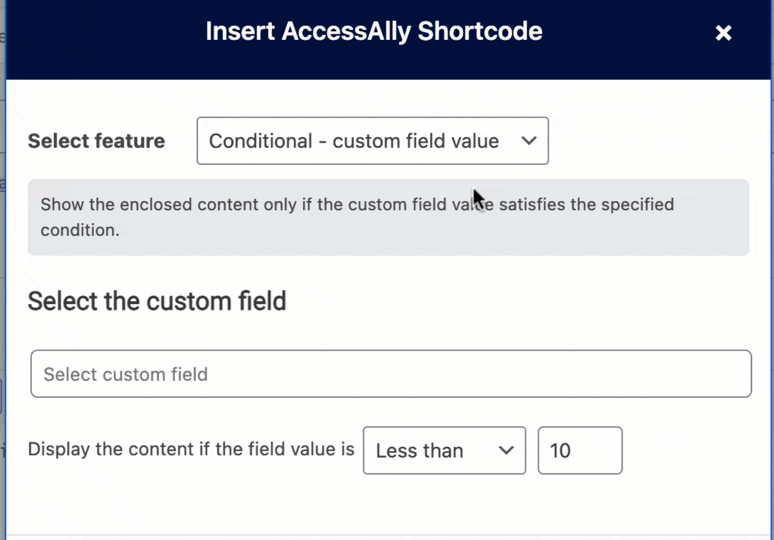 GIF from AccessAlly showing the steps to adding a custom field with conditional value set