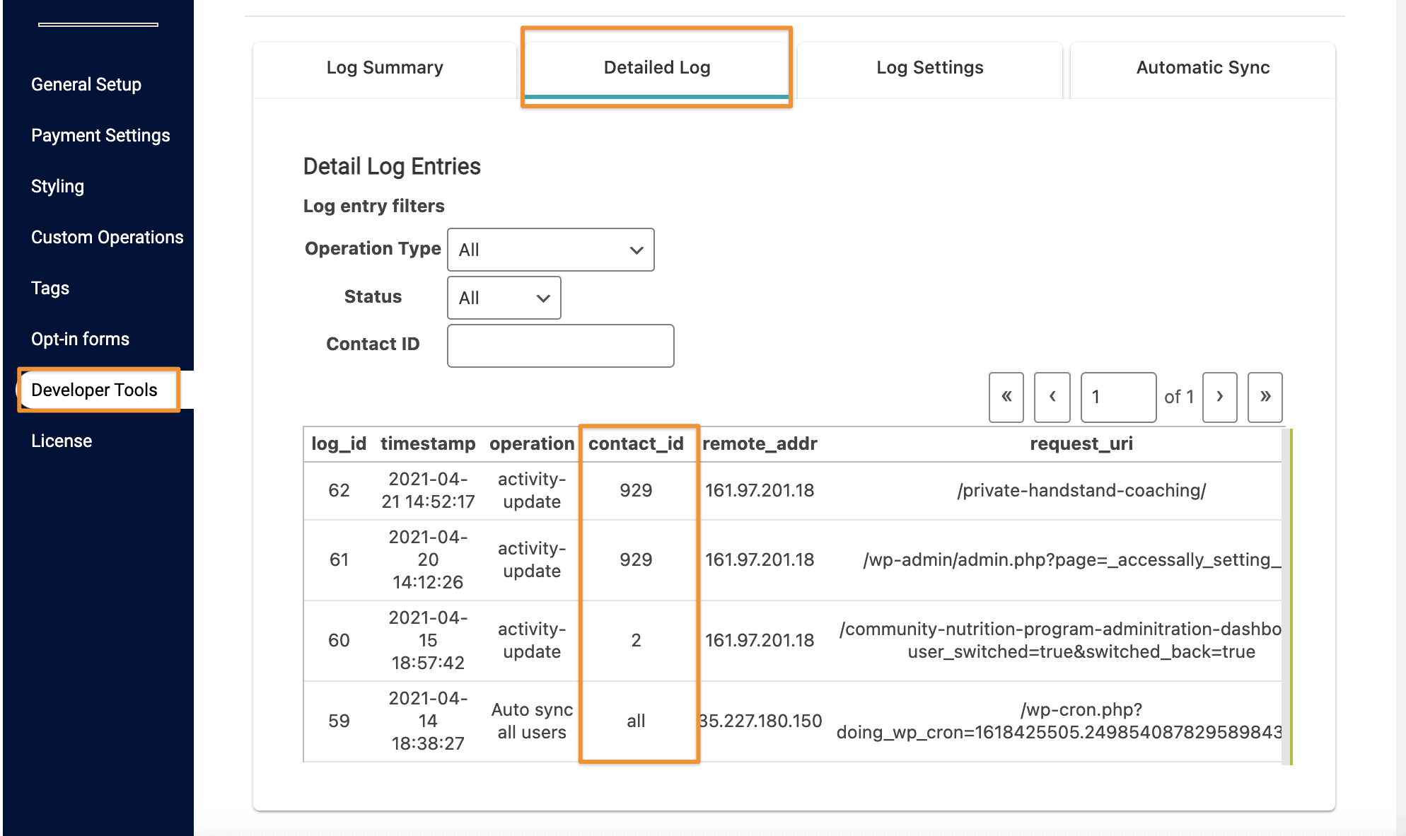 Screenshot from AccessAlly showing where to find the contact ID on the detailed log