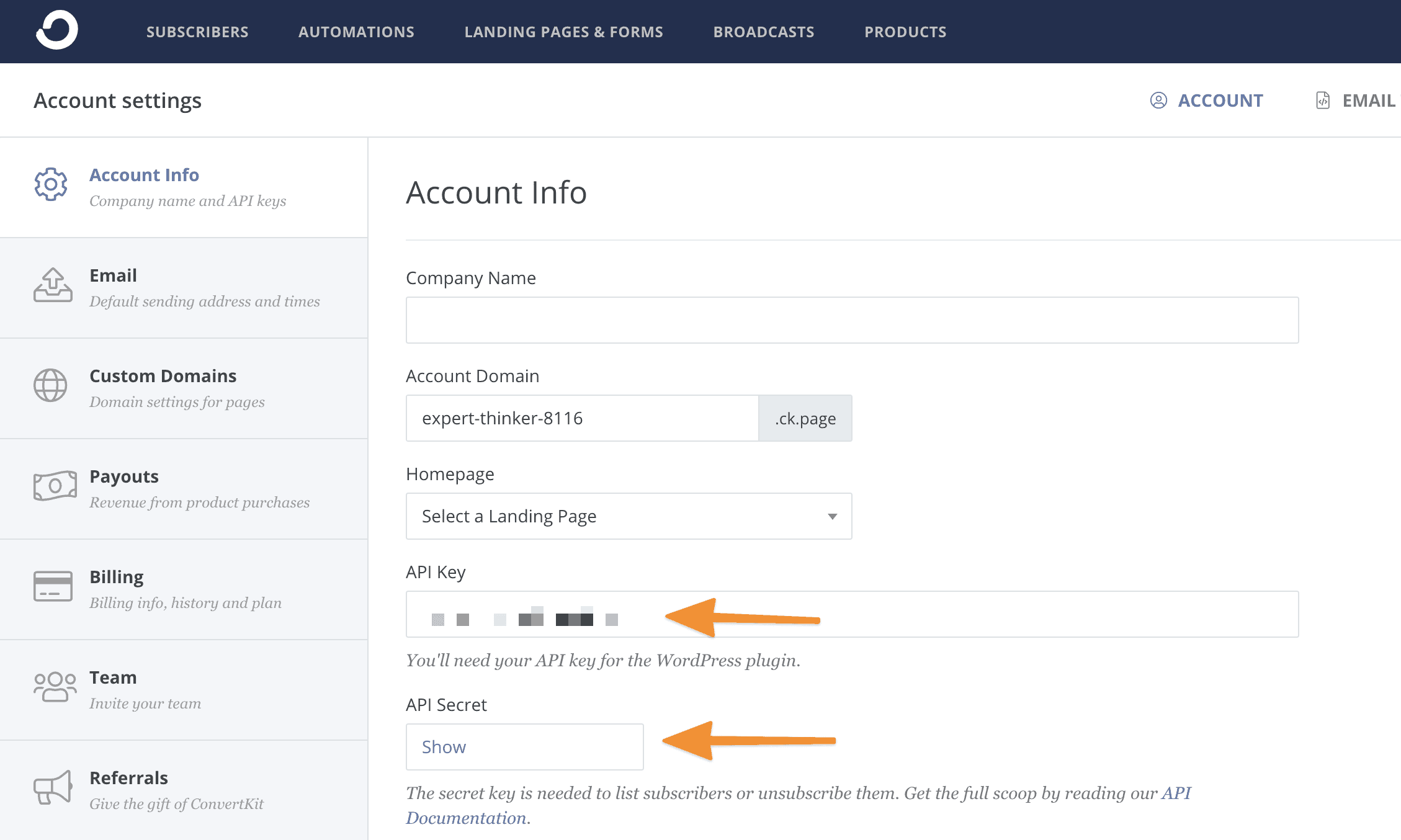 Screenshot of API key location for ConvertKit