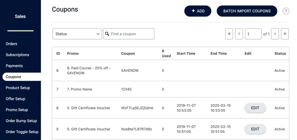 Screenshot of coupon list and editing area