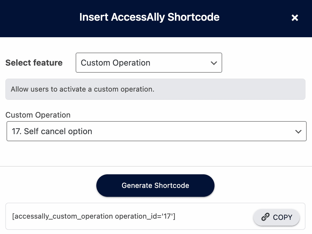 Screenshot of the Insert Shortcode for Custom Operation