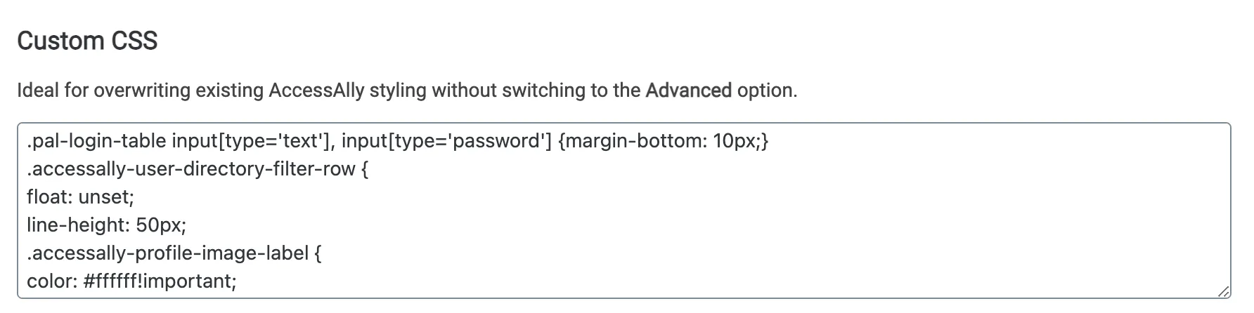 Screenshot showing where to find custom CSS in AccessAlly