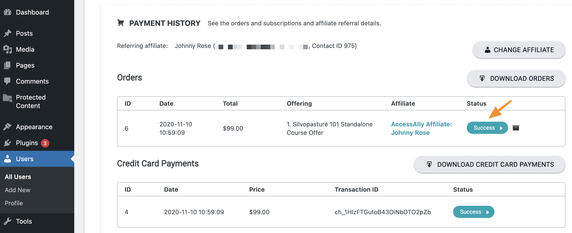 Screenshot of customer view of payment history