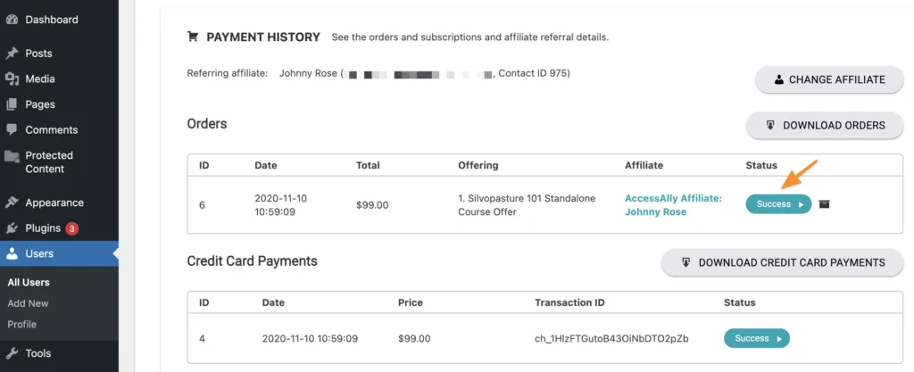 Screenshot of customer view of payment history