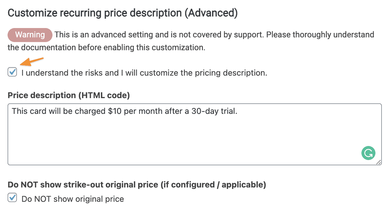 Screenshot of price description override