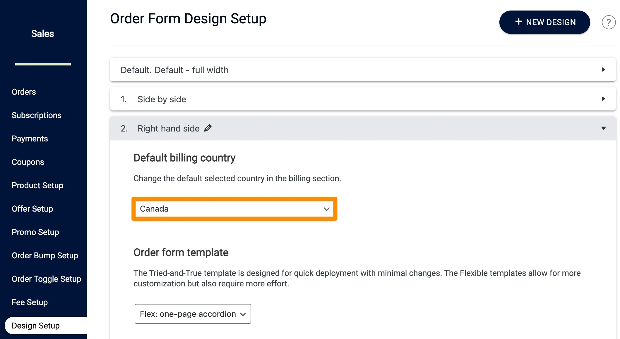 Screenshot of default billing country settings