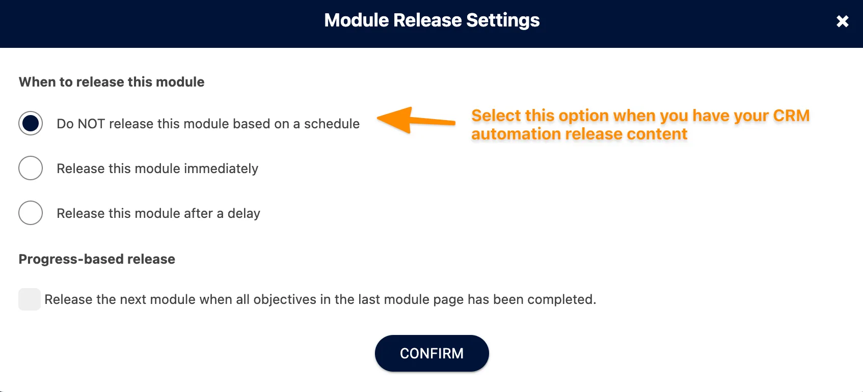Screenshot of the release options